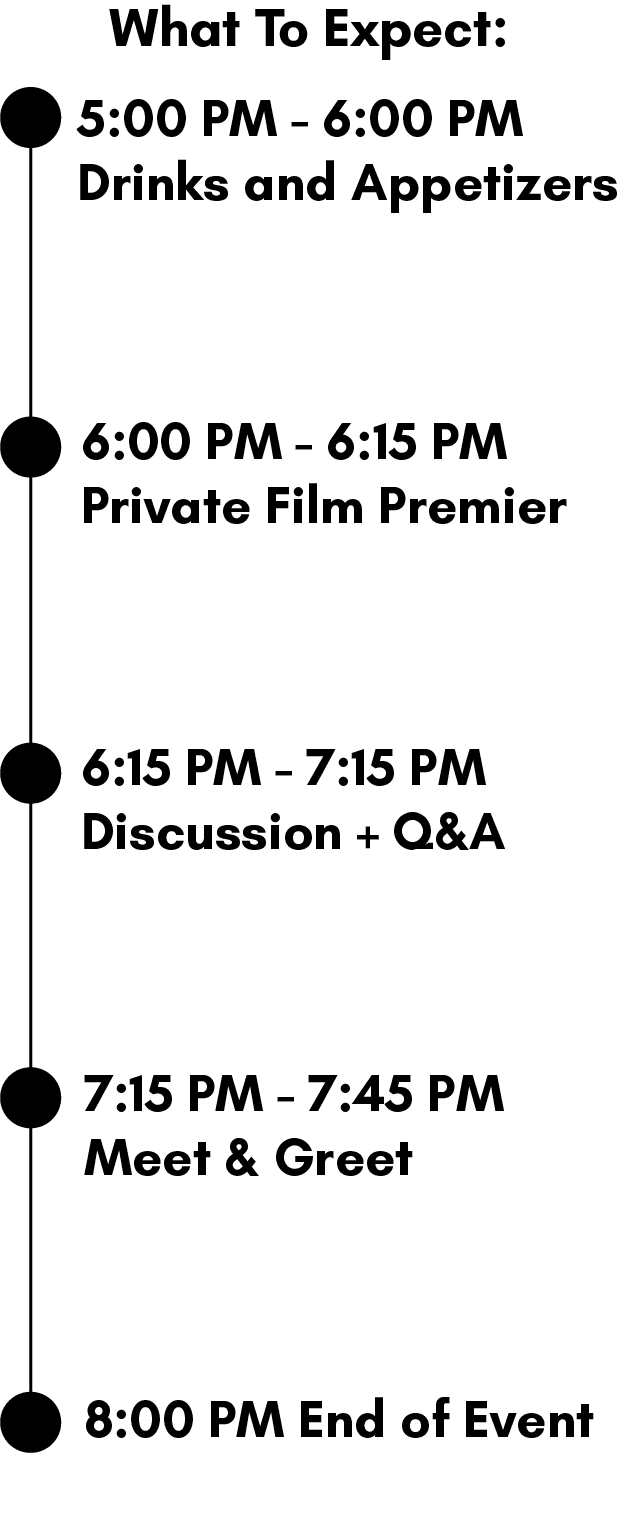 a graphic of a timeline-5-6 pm drinks and appetizers, 6-6:15 private film premier, 6:15-7:15 discussion with Q&A, 7:15-7:45 Meet and Greet, 8:00 End of event.