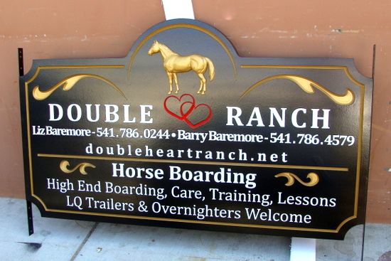 O24212 - 3-D Carved HDU Sign for "Double Heart Ranch", with Gold Horse in Profile 