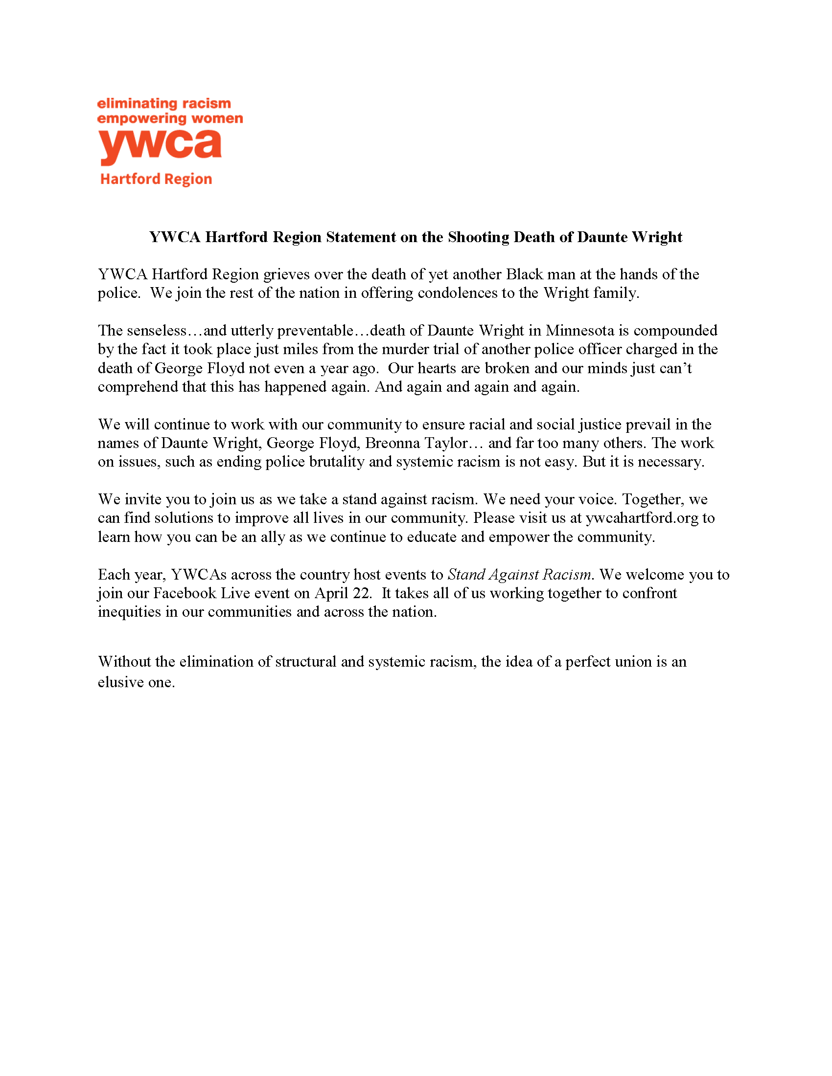 YWCA Hartford Region Statement - Daunte Wright
