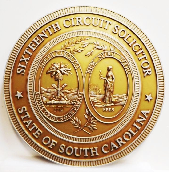 GP-1502- Carved Plaque of the Seal of  the Sixteenth Circuit Solicitor, State of South Carolina, 3-D Bass-Relief, Brass Plated Painted 2 Colors