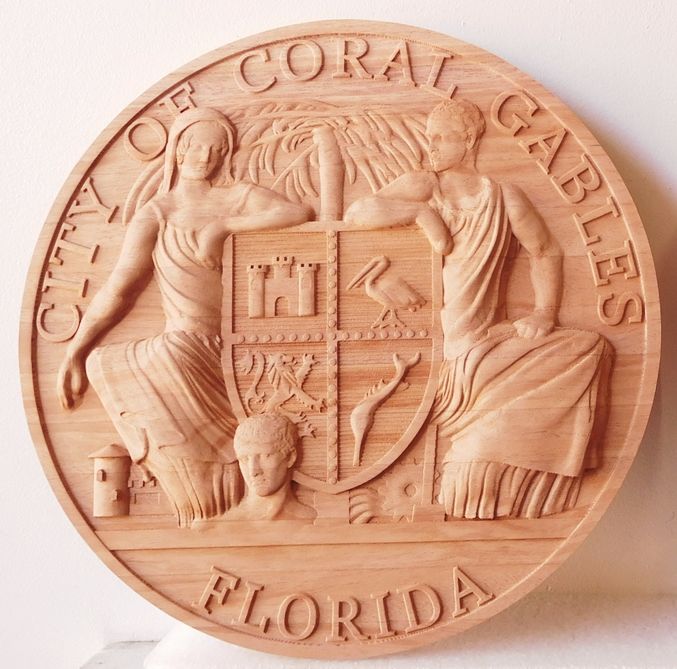 DP-1340 - Carved Plaque of the Seal of the City of Coral Gables, Florida, Mahogany Wood  