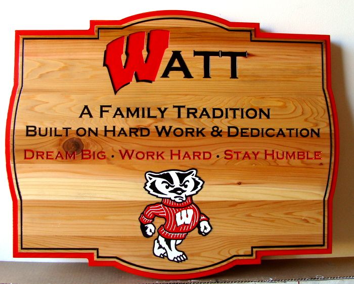 SB28983 -  Carved  Engraved Cedar Wood Company Wall Plaque "Watt - A Family Tradition"  and the Cartoon of a Fox as Artwork