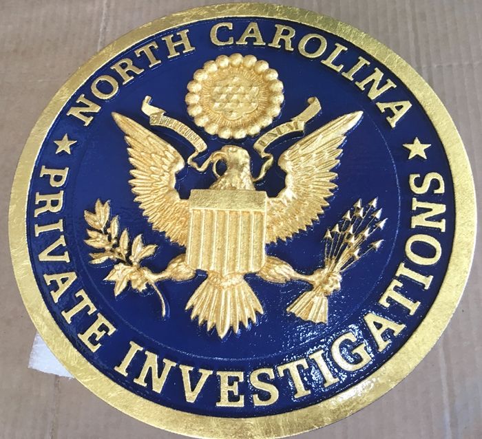 VP-1345 - Carved Wall Plaque of the Logo of North Carolina Private Investigators, Gold Leaf Gilded