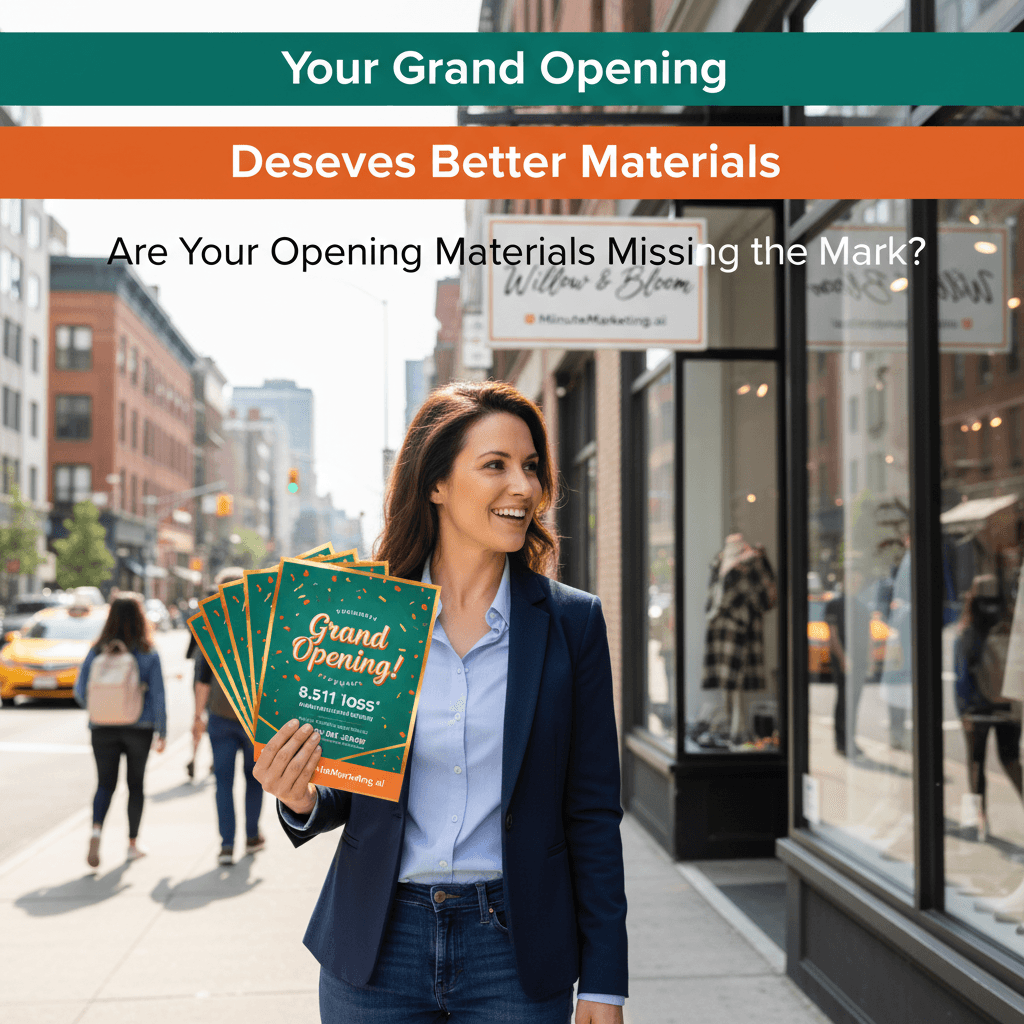 A small business owner, proud and excited, standing outside their newly opened store, holding a large stack of grand opening flyers