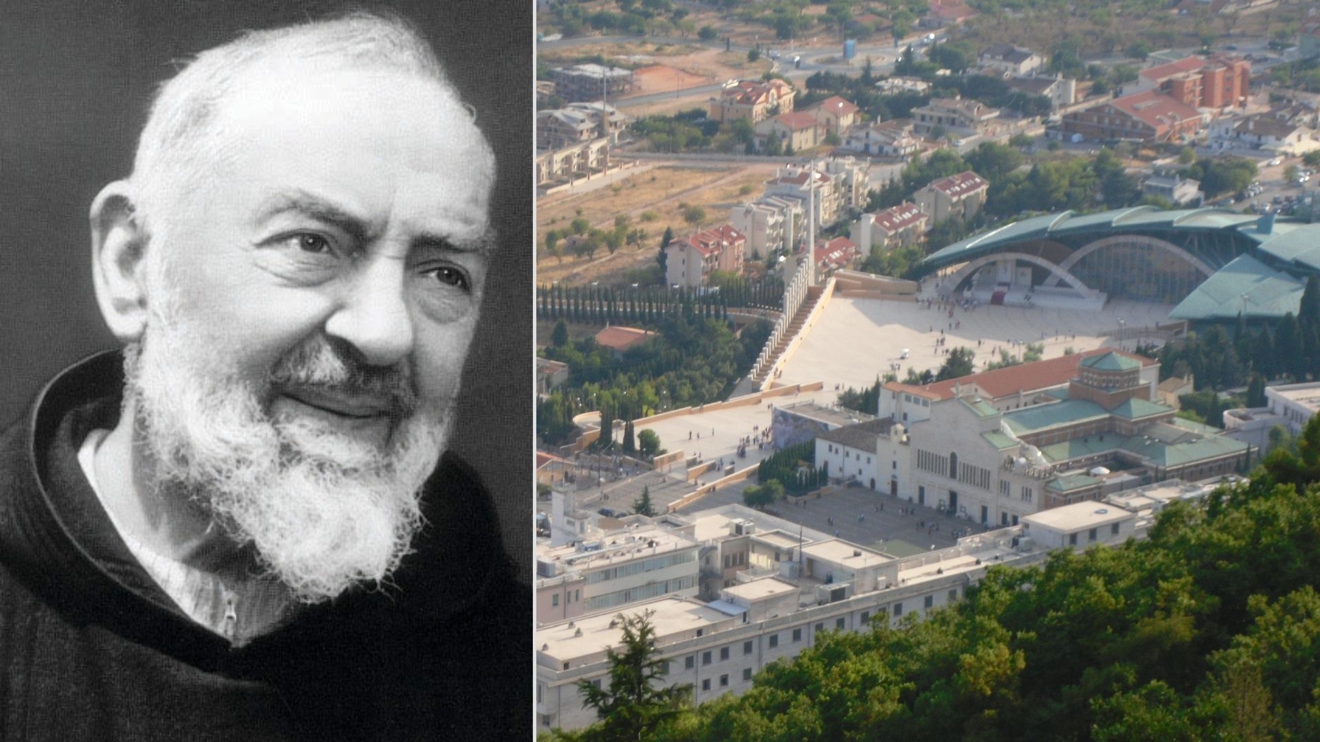 Image of Padre Pio portrait next to bird eye view of San Giovanni Rotondo