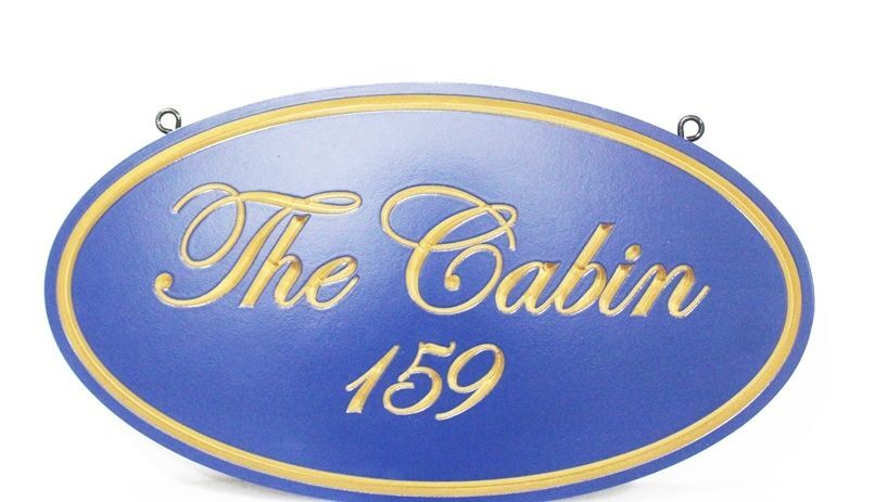 M22016A - Carved 2.5-D  HDU Address and Property Name Sign "The Cabin"