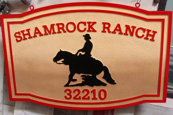 O24310 - Carved and Sandblasted Shamrock Ranch Entrance Sign, with Cowboy and Horse