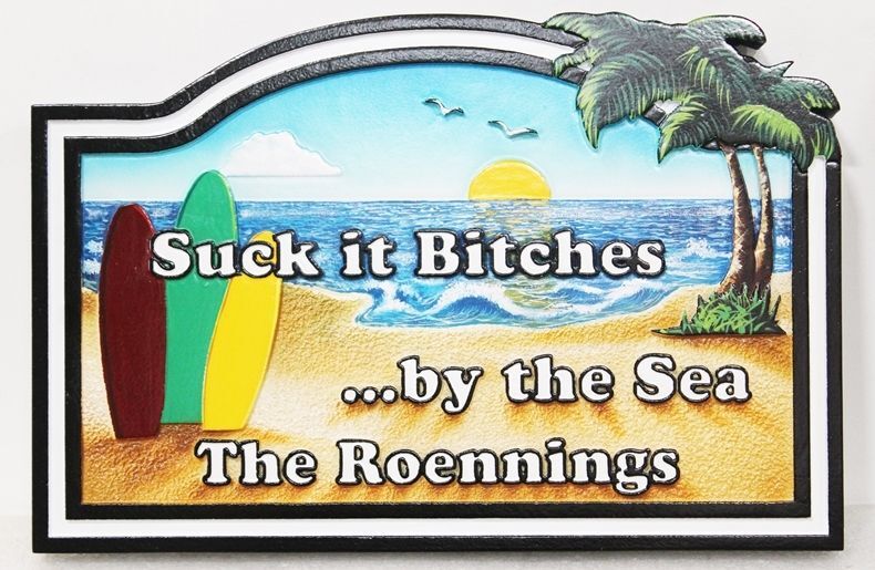 L21067 - Carved Beach House Sign, "...by the Sea, The Roennings” , features three Surfboards and the Setting Sun
