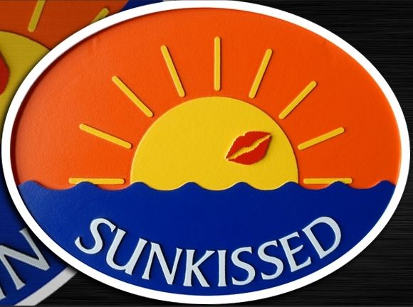 L21201 -  Carved Seaside Residence Name Sign "Sunkissed"  Featuring an Ocean Sunrise 