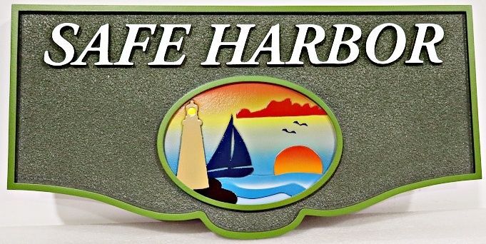 L21263 - Carved and Sandblasted Property Name Sign for "Safe Harbor" with Setting Sun, Ocean, Sailboat, and Lighthouse