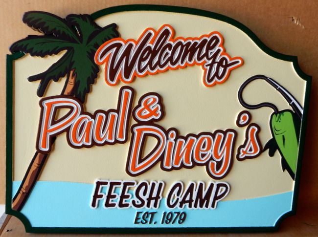 L21354 - Welcome Sign for "Fish Camp",  with Fishing Rod , Fish, and  Palm Tree