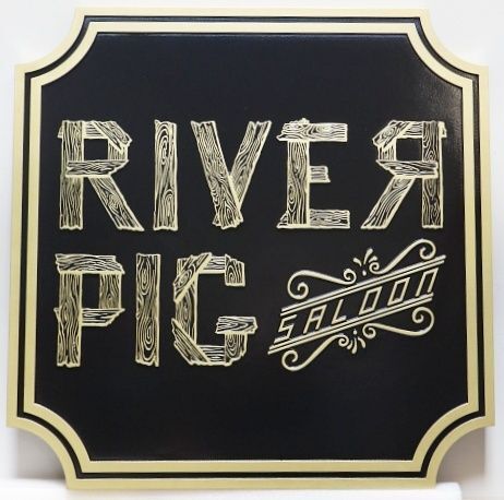 RB27128 - Carved 2.5-D and Sandblasted Wood Grain Sign for "River Pig Saloon"