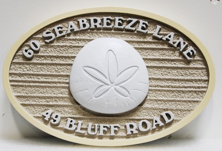 L21513 -  Carved and Sandblasted 3-D Bas-relief HDU Coastal Residence Address  Sign "60 Seabreeze Lane", with a San Dollar as Artwork.  