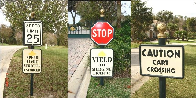 M4303 - Three Examples of Signs Mounted on Fluted Round 3" Diameter Aluminum Posts without Bases but with Golf  Ball Finials