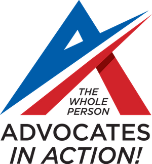 Blue and Red Stylized A in logo for Advocates in Action