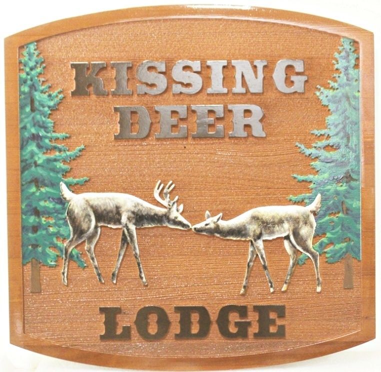 T29050 - Carved and Sandblasted Sign for "Kissing Deer Lodge" with Deer and Tree Artwork