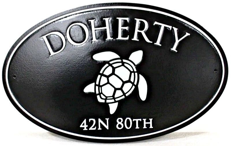 L21670A - Carved Engraved HDU Coastal Residence Name and Address Sign with Swimming Sea Turtle as Artwork
