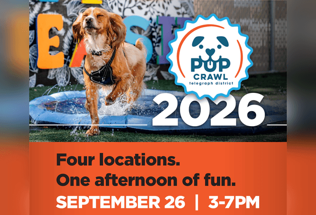 It’s the 2026 Pup Crawl in the Telegraph District in Lincoln, NE, Sept. 26 from 3-7 p.m. The graphic shows a cute, sweet dog enjoying himself splashing around in a dog pool at one of the 4 locations.