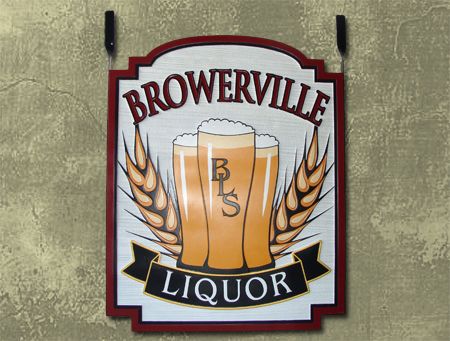 RB27558 - Carved and Sandblasted 3-D "Broweville Liquor"  Sign for Pub, with Glasses of Beer as Artwork