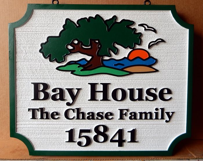 L21924 - Carved and Sandblasted Coastal Residence Address Sign, with Tree and Setting Sun