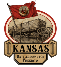 Tattered Kansas territorial flag over a beat up wood wagon with the Smoky Hill Museum exhibit title, "Kansas: Battleground for Freedon", below