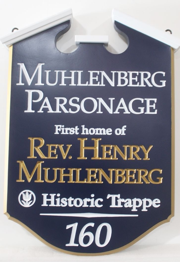 F15951A - Carved HDU Sign for the  historical Muhlenburg Parsonage , with Elevated Gold-Leaf Gilded Prismatic Text 