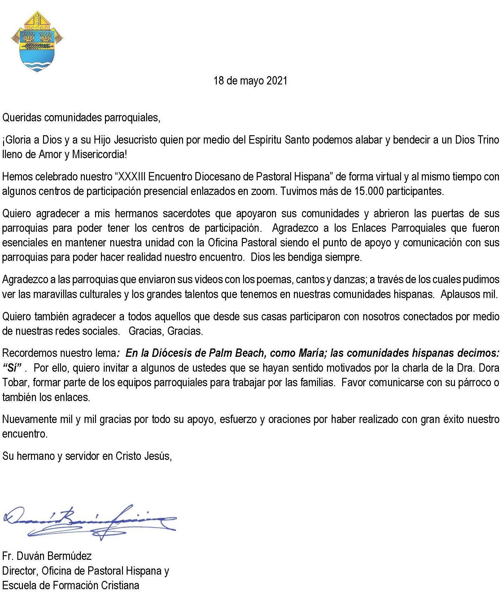 Carta de agradecimiento a las parroquias May 19 2021 : Ministerio Hispano :  Ministries : Ministries/Offices : Diocese of Palm Beach