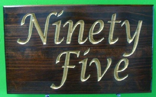 KA20880 - Carved Stained Cedar Wood Sign with Street Number Written in 24K Gold Leaf  "NINETY-FIVE"