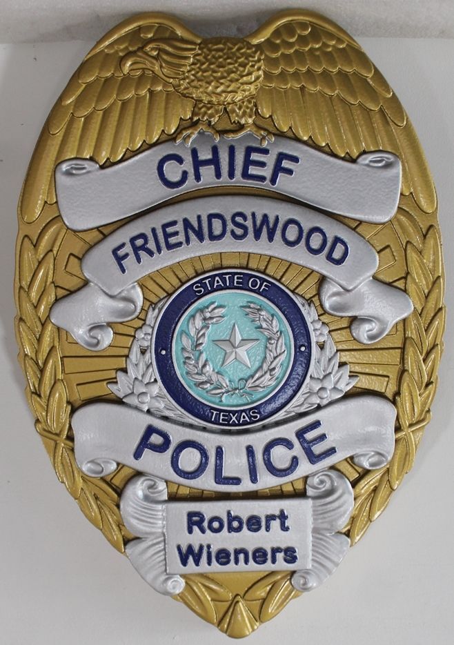 PP-1523A - Carved 3-D Bas-Relief Multi-Level Artist-Painted HDU Plaque for the Chief Friendswood