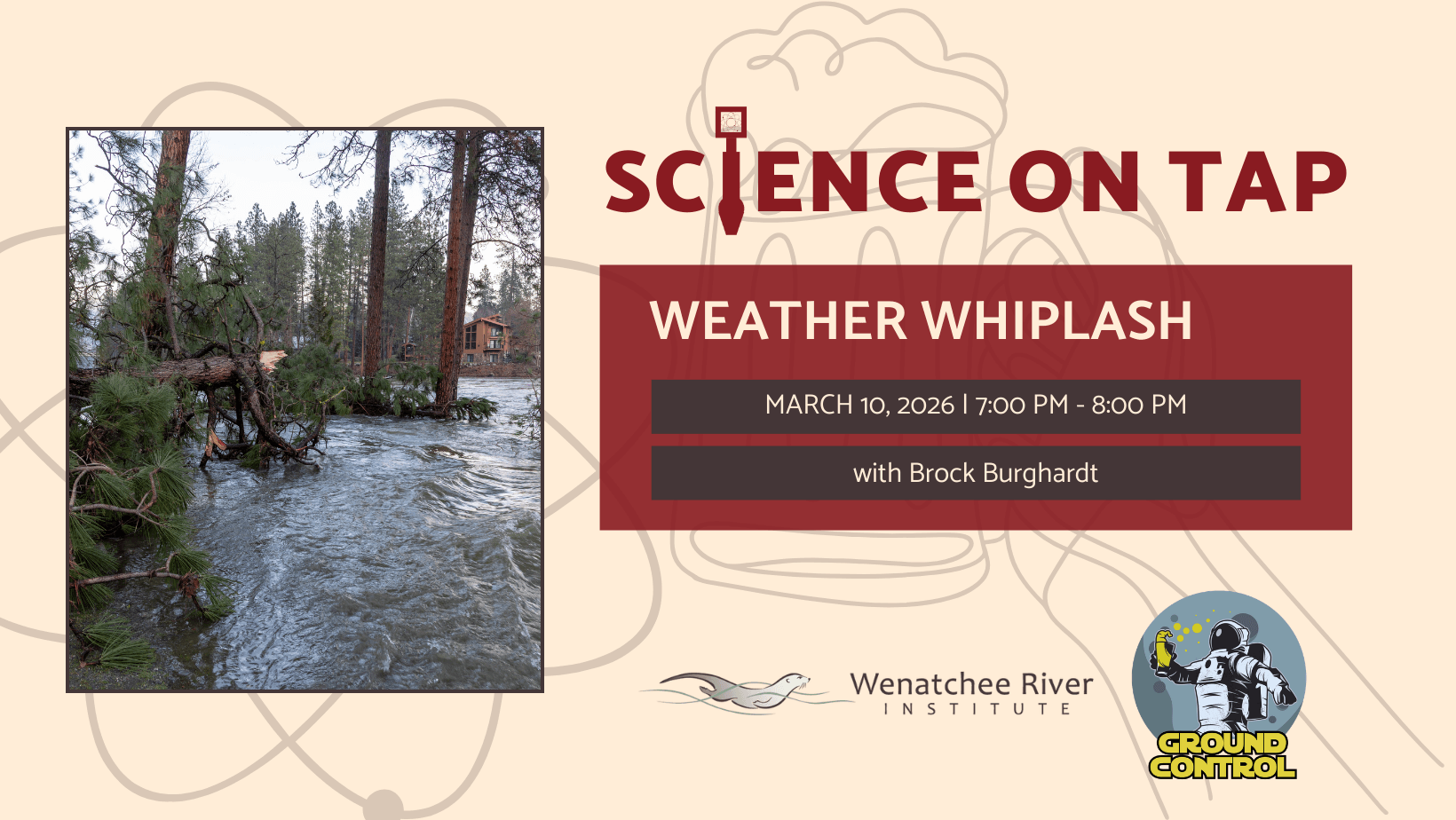 Wenatchee River flooding from December 2025 storm with a tree down.
