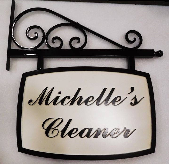 SA28575 - Carved Sign for  "Michelle's Cleaner" Business, with Wrought Iron Scroll Bracket