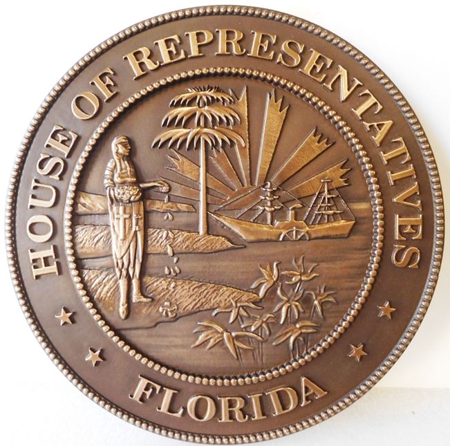 BP-1143 - Carved Plaque of the Great Seal of the State of Florida (Old Style), Bronze-Plated
