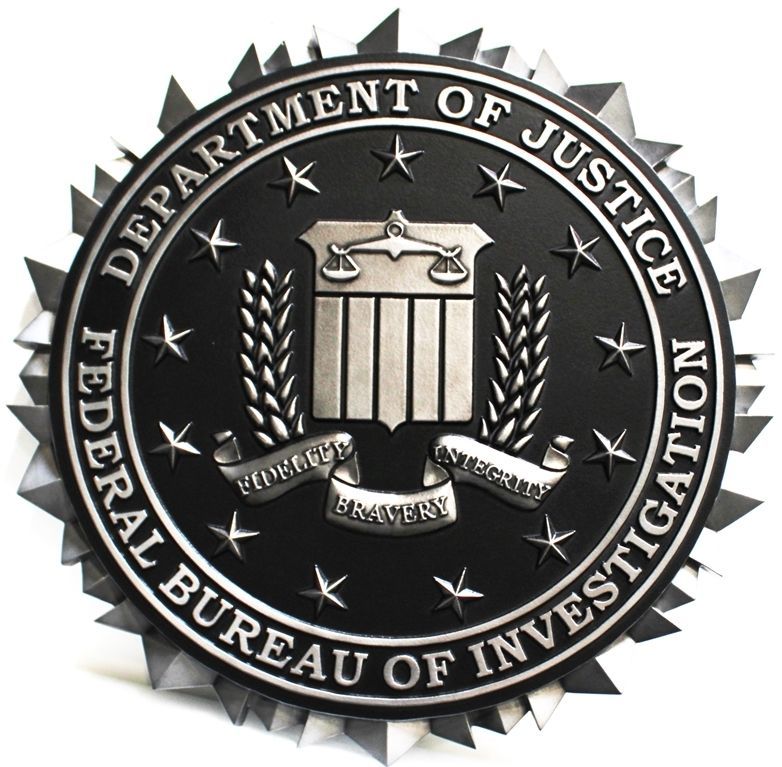 U30363 - Carved 3-D Aluminum-Plated Plaque of the Seal of the FBI,  Department of Justice