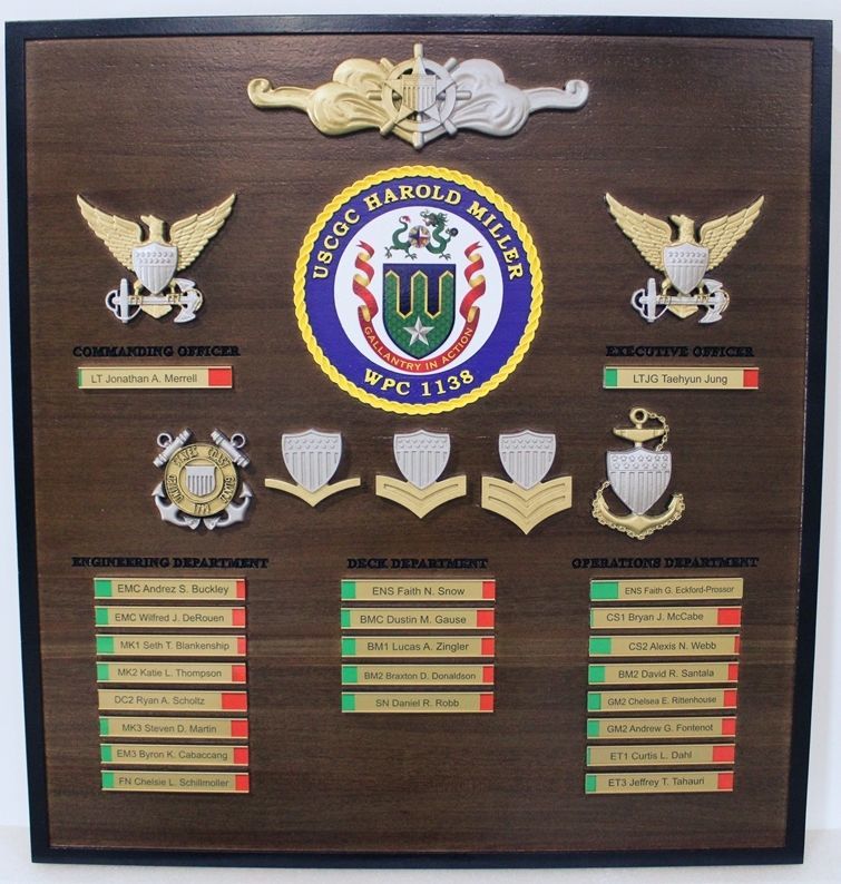 SA14500 - Carved Mahogany Ship's Chain of Command and On-Duty Status Board for USCGC Harold Miller, WPC 1138 