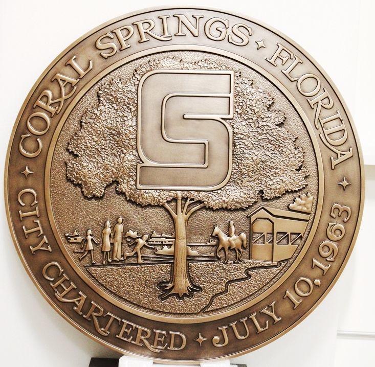 DP-1370 - Carved Plaque of the Seal of the City of Coral Springs, Florida, 3-D Bronze-Plated
