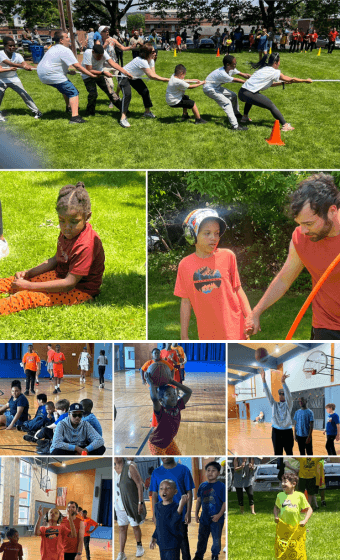kids participating in field day activies including playing tug of war, basketball and participating in the potato sack race