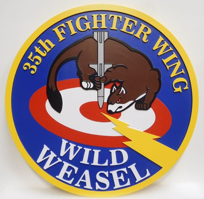 LP-2250 - Carved Plaque of the Crest of the 35th Fighter Wing, Wild Weasel, Artist Painted