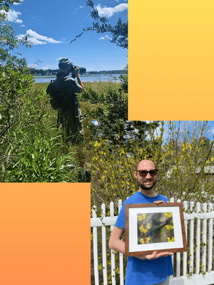 Image shows two pictures on a yellow-orange background. Top image is of a man using a camera to take photos in nature. Bottom image shows the same man holding an image he caputured in nature.