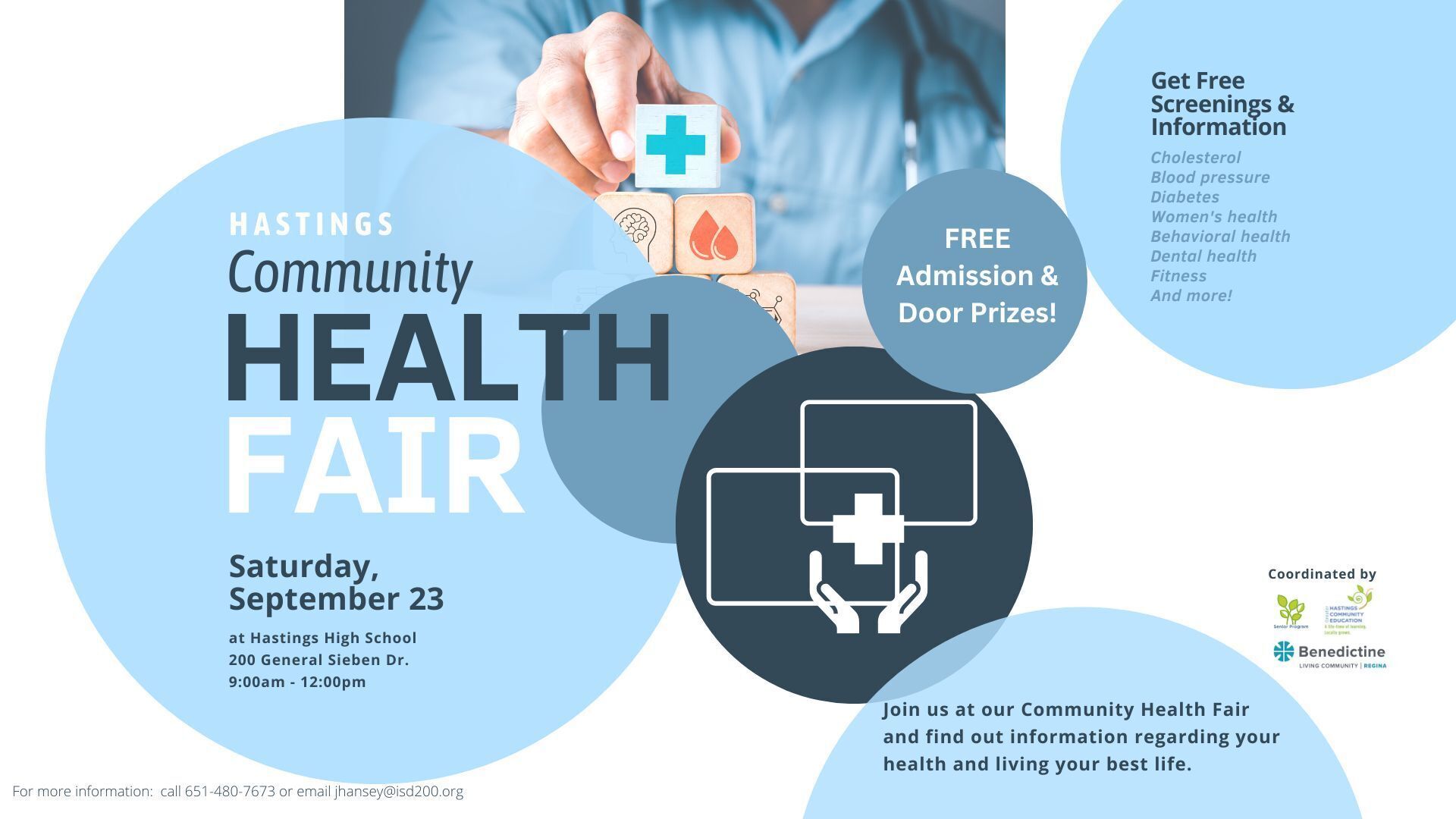 Hand building a pyramid of blocks with a cross icon, blood icon, brain icon, words "Hastings Community Health Fair, Saturday, Sept 23, Hastings High School, 9am to noon, get free screenings and info, free admission and prize drawings, call 651-480-7673 fo