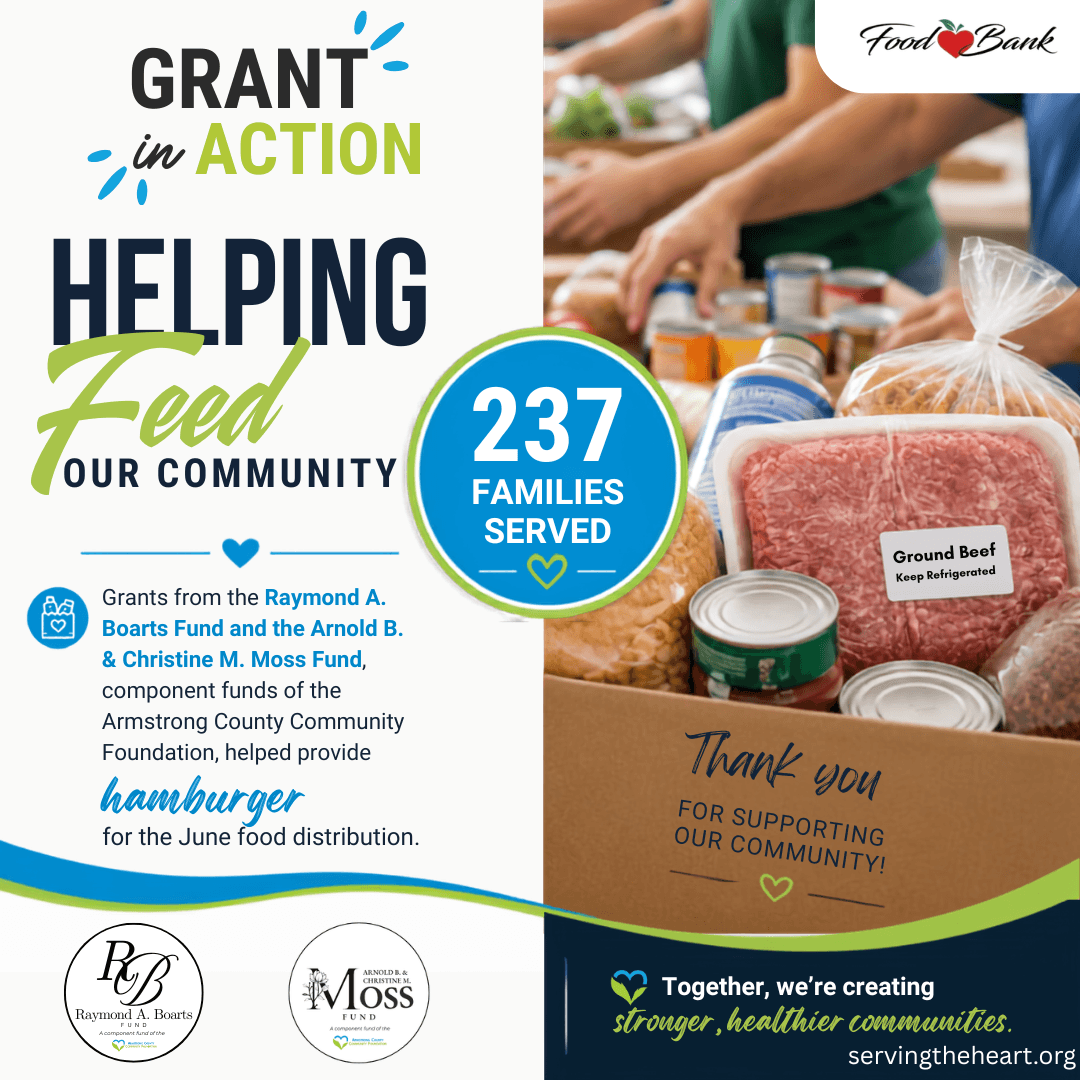 Volunteers prepare food for distribution, including hamburger purchased through grants from the Raymond A. Boarts Fund and the Arnold B. & Christine M. Moss Fund, helping provide food assistance to 237 local families.