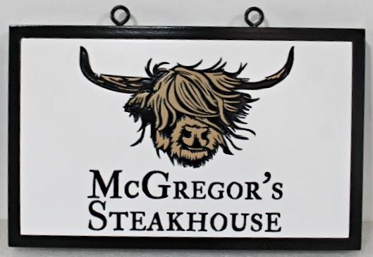 Q25031A - Carved 2.5-D and Sandblasted Entrance Sign for "McGregor's Steakhouse" with Artwork