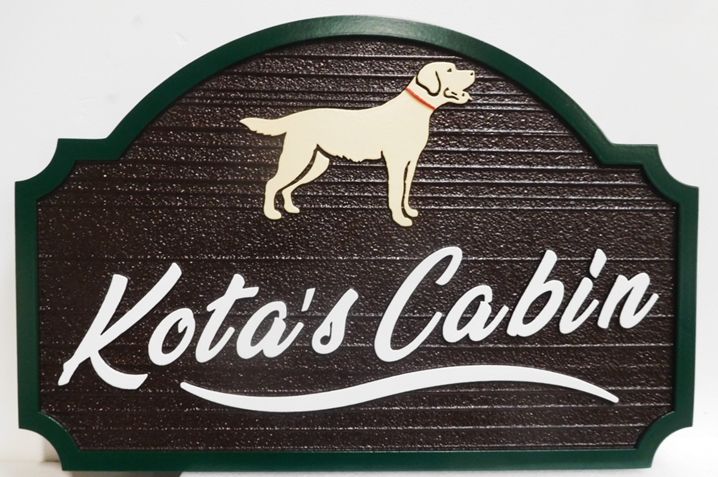 M22937 - Carved and Sandblasted HDU Sign for "Kota's Cabin ", with Dog as Artwork