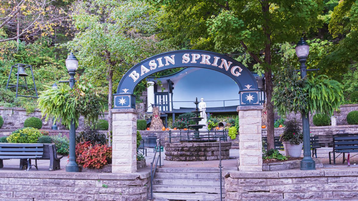 Basin Spring Park Sign on September 30, 2018 in Eureka Springs, Arkansas.