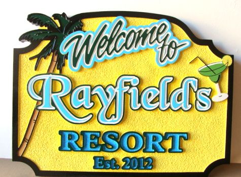 RB27217 - Carved and Sandblasted HDU Tropical Bar Sign, "Rayfield's Resort", with Palm Tree and Cocktail