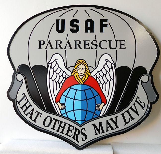 LP-7580 - Carved Round Plaque of the Crest of the Air Force Pararescue   " That Others May Live" Artist Painted