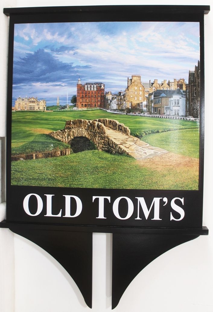 RB27501 - Carved  Post-Mounted Sign for "Old Tom's" Tavern features Engraved Text and Digitally Printed Giclee English Country Scene