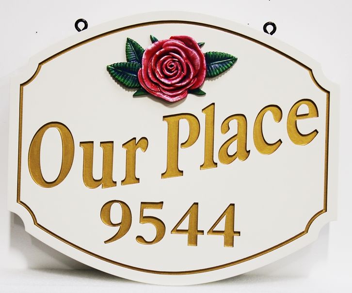 I18215 - Carved and Sandblasted 2.5-D Address Sign, with White Flower