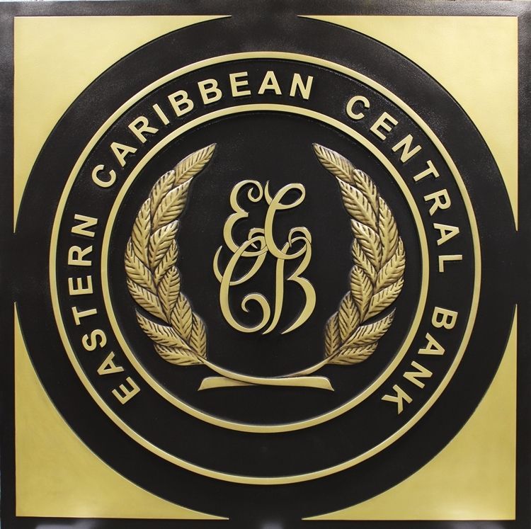 VP-1441 - Carved 3-D Brass-Plated HDU Plaque of the Seal/Logo of Eastern Caribbean Central Bank 