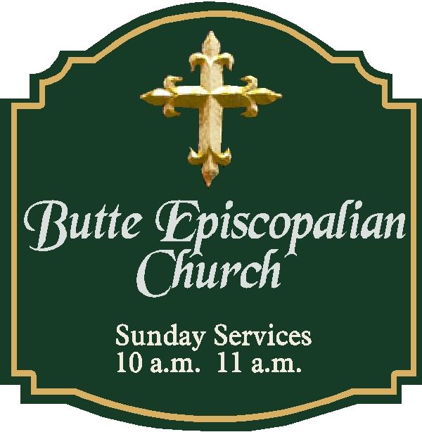 D13070 - Carved HDU Sign for Episcopal Church with Hours of Services and Carved Decorative Cross