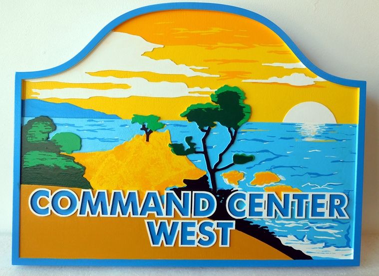L21208 - Carved 2.5-D HDU Coastal Residence  Sign "Command Center West" ,with Artwork of a Coastal  Scene "Spanish Bay", Monterey, California.